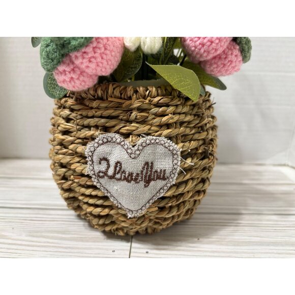 Valentine Crochet Flowers & Pink Fruit Wicker Basket “I Love You” Handmade - Picture 2 of 4